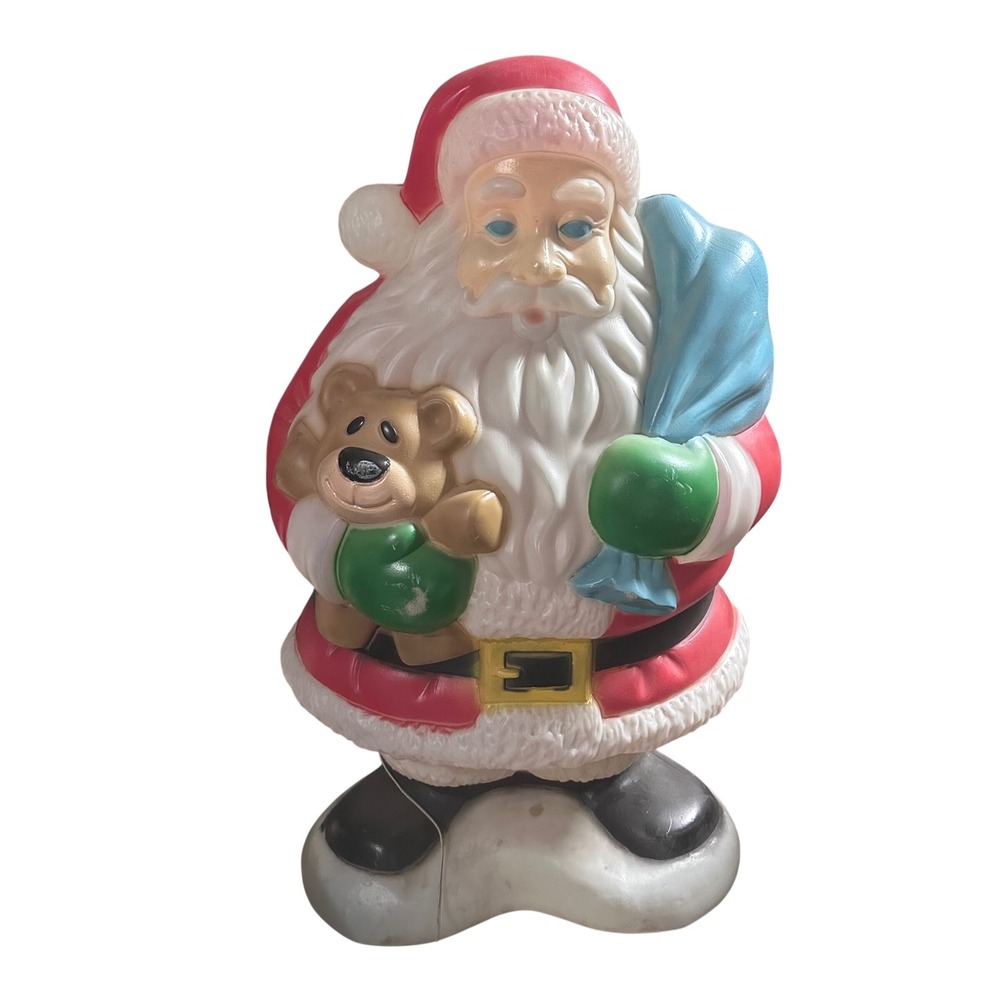Vintage Santa Claus Blow Mold Christmas Light Up Decor Teddy Bear Blue Toy Sack